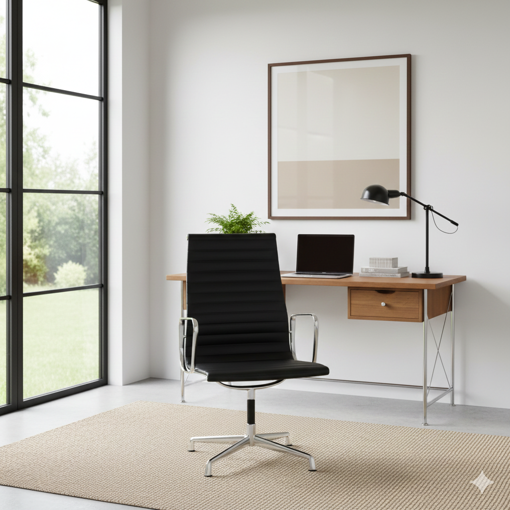 Eames Office Aluminium Chair EA 109 In Black Leather